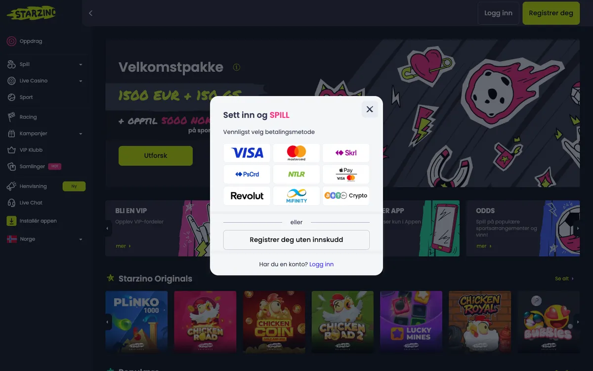 Starzino Casino — Home page, captured from Norway