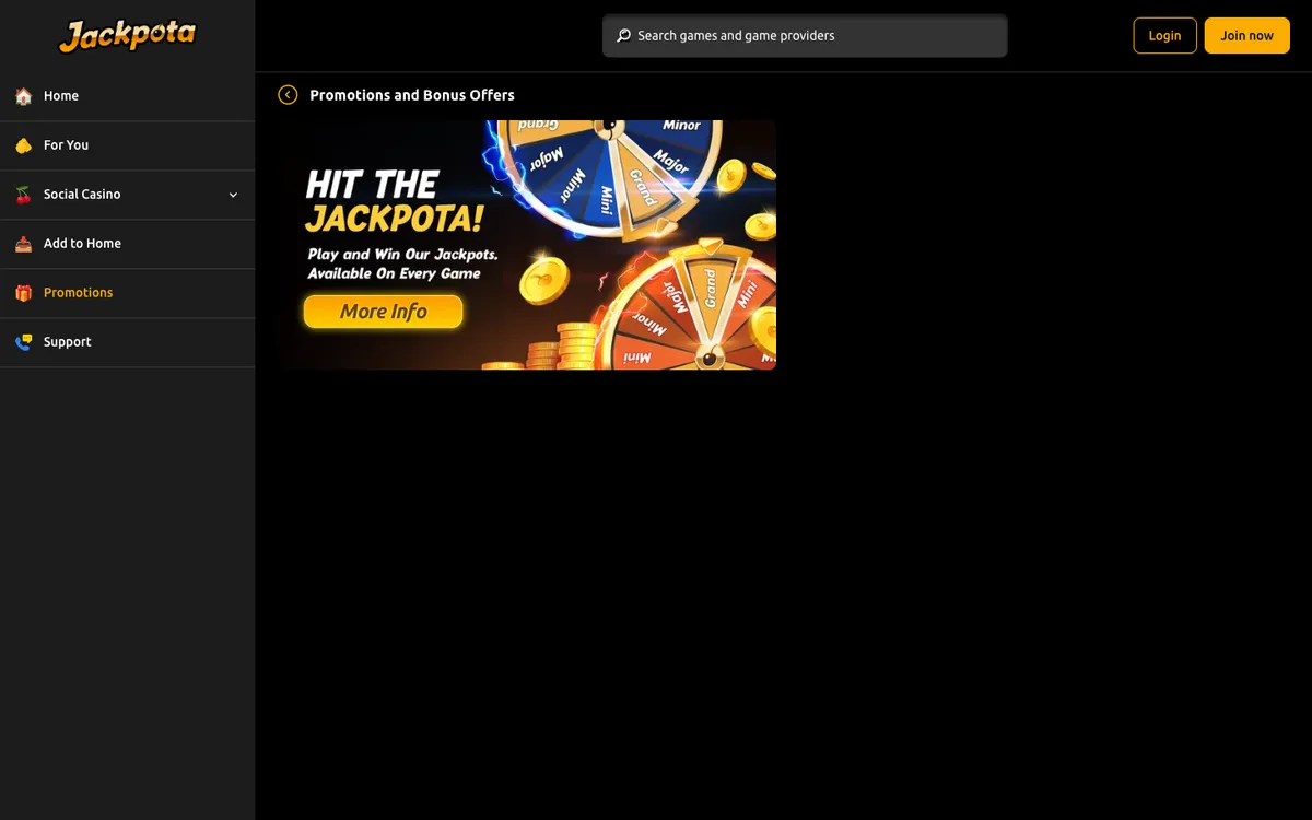 Jackpota Casino — Promotions, captured from United States