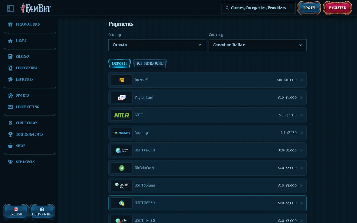 FamBet Casino — Payments, captured from Canada