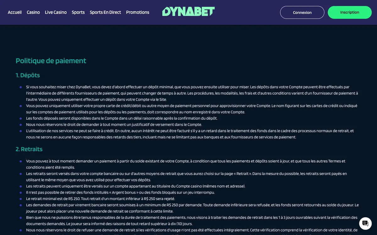 Dynabet Casino — Payments, captured from France