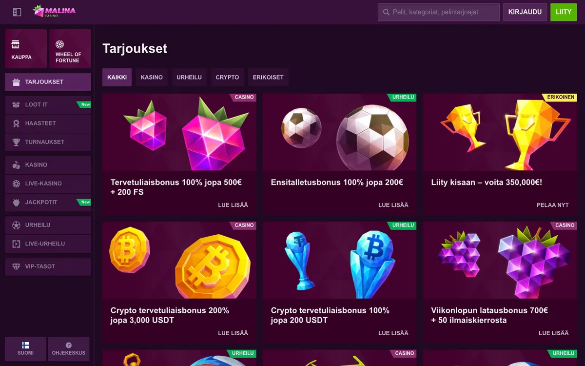 MalinaCasino — Promotions, captured from Finland