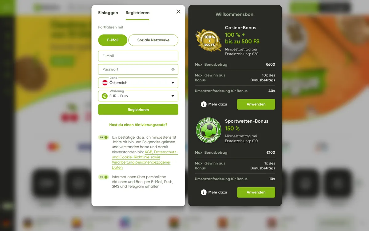 Fresh Casino — Home page, captured from Austria