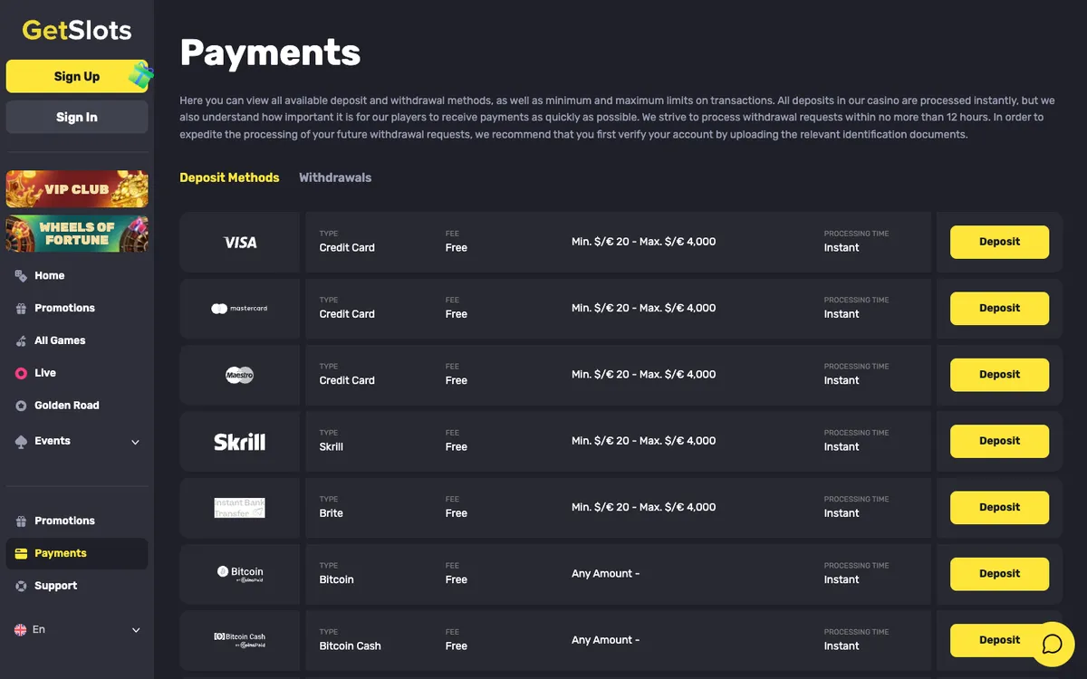 GetSlots Casino — Payments, captured from Canada