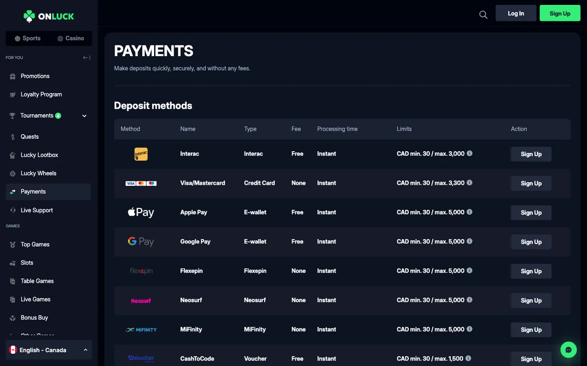 OnLuck Casino — Payments, captured from Canada