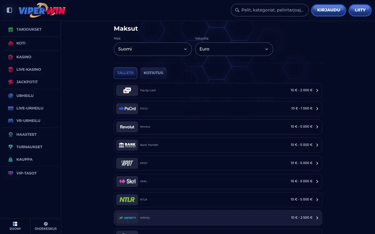 ViperWin Casino — Payments, captured from Finland