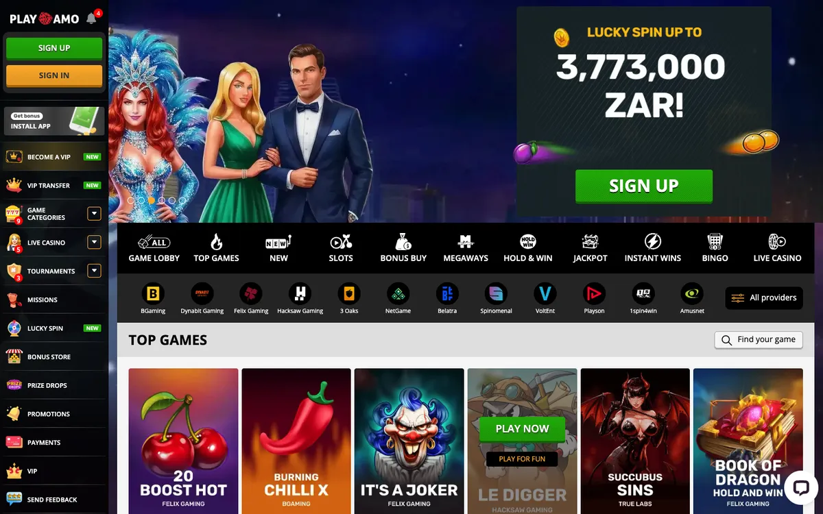 Playamo Casino — Home page, captured from South Africa
