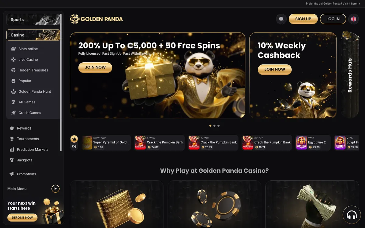 Golden Panda Casino — Home page, captured from Canada