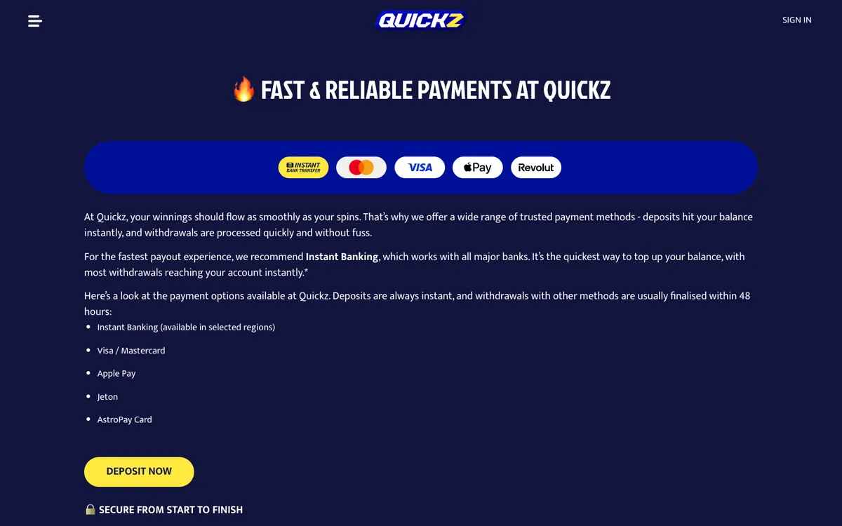 Quickz Casino — Payments, captured from Austria