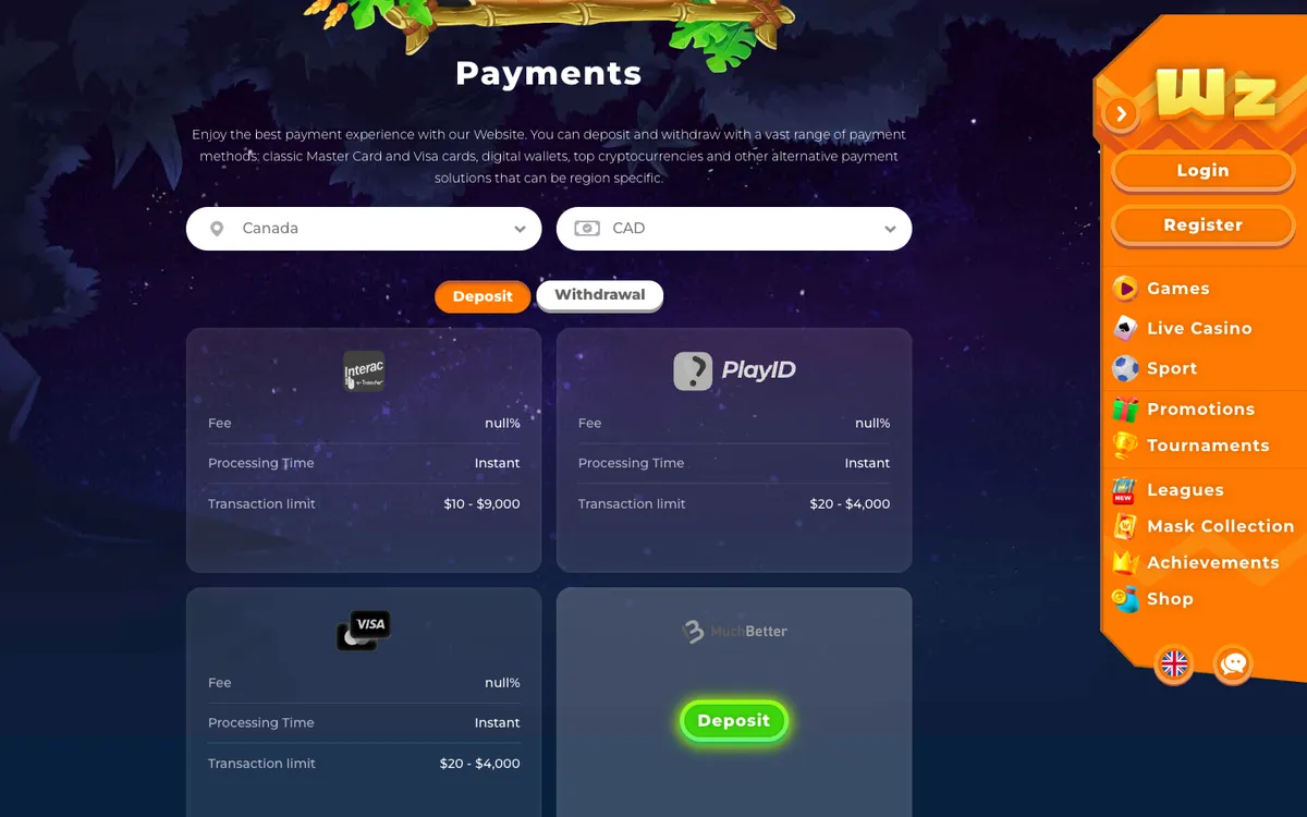 Wazamba Casino — Payments, captured from Canada