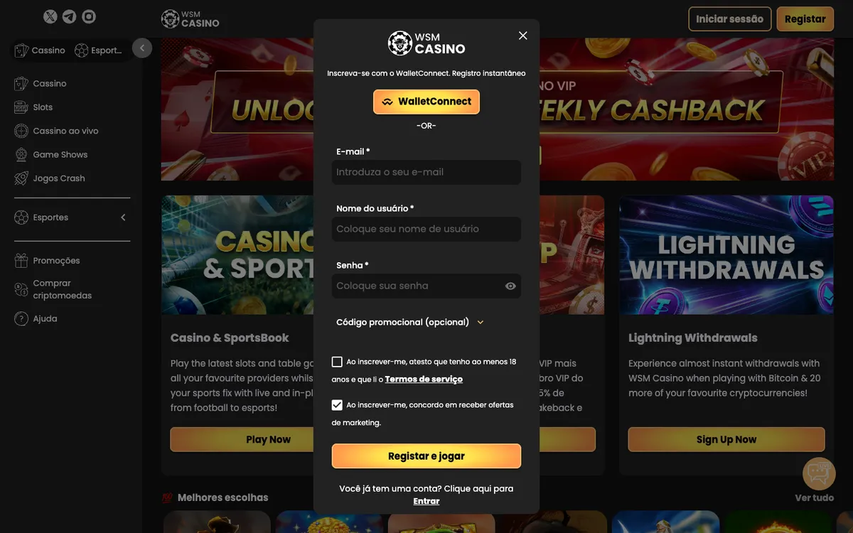 WSM Casino — Sign-up, captured from Portugal