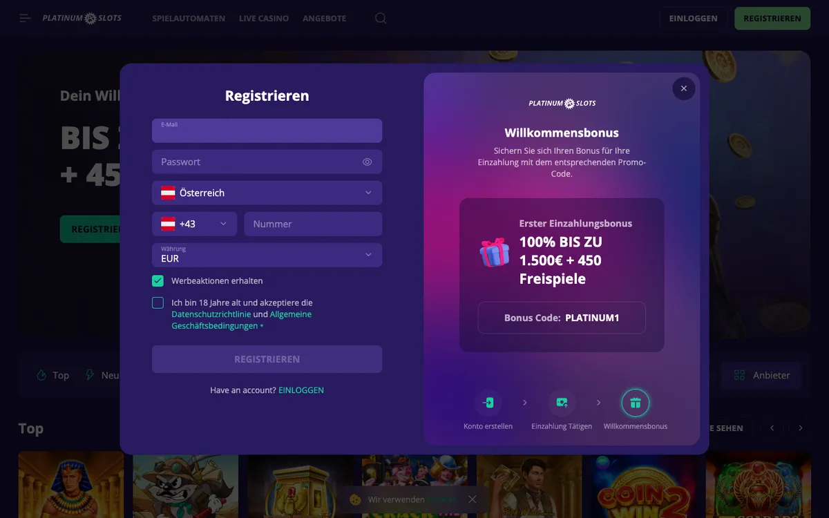 Platinumslots Casino — Payments, captured from Austria