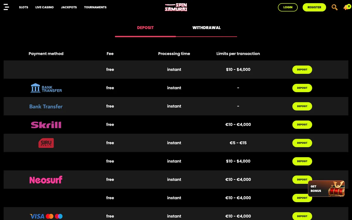 Spin Samurai Casino — Payments, captured from Finland