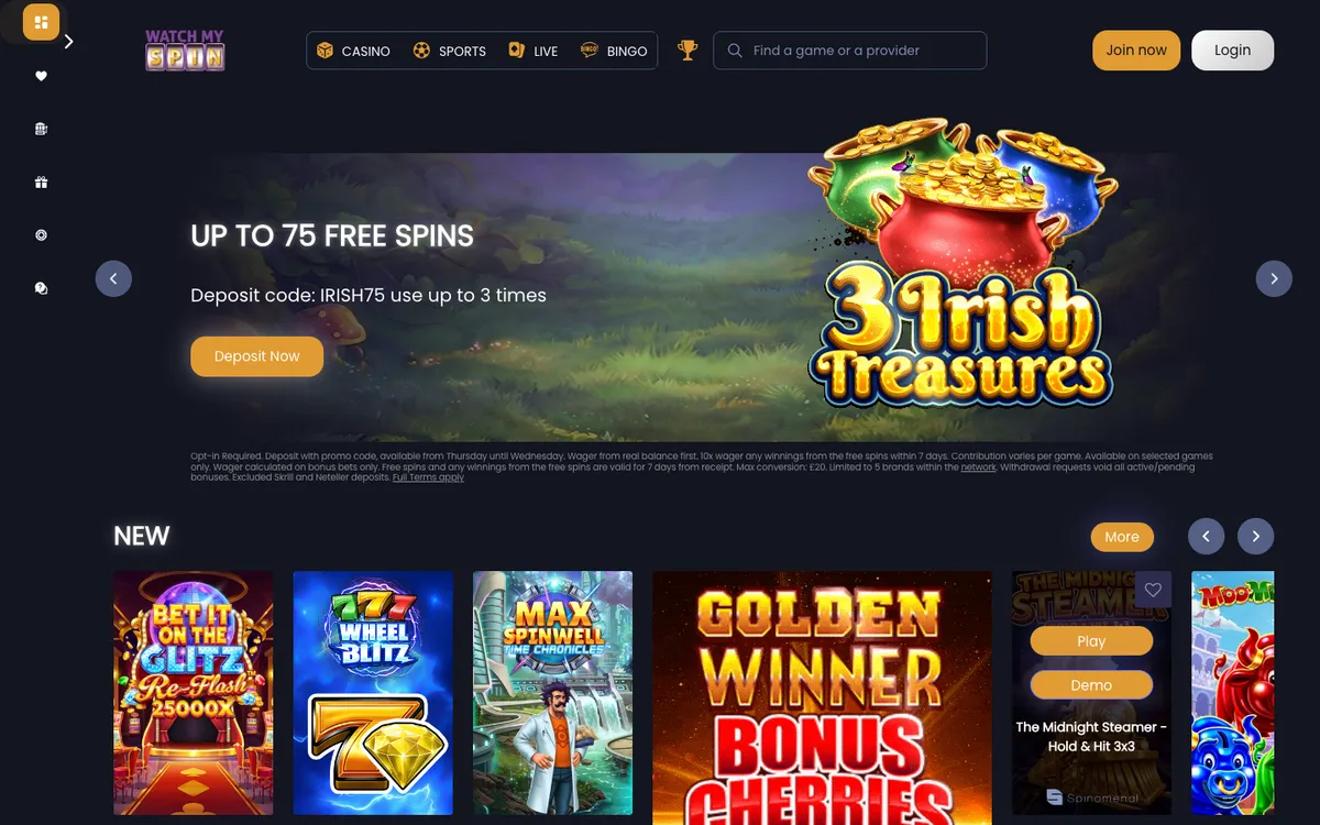 Watchmyspin Casino — «Главная», снято из страны Великобритания