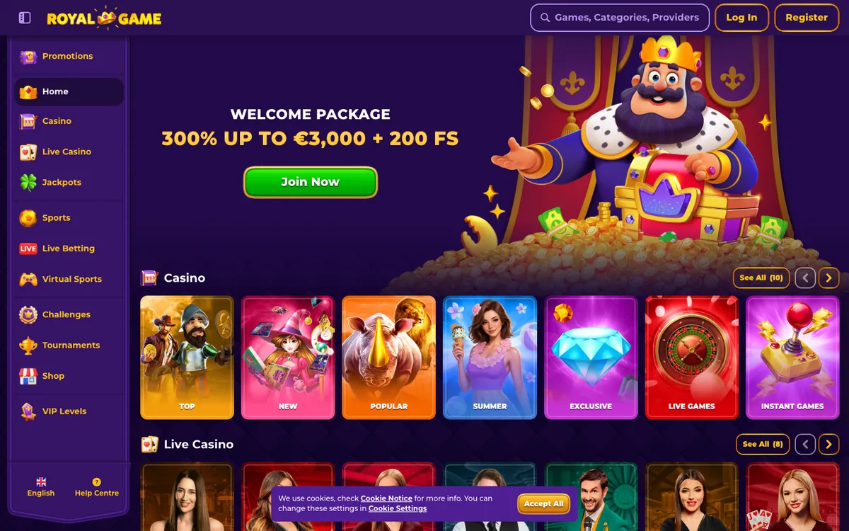 RoyalGame Casino — «Главная», снято из страны Южно-Африканская Республика
