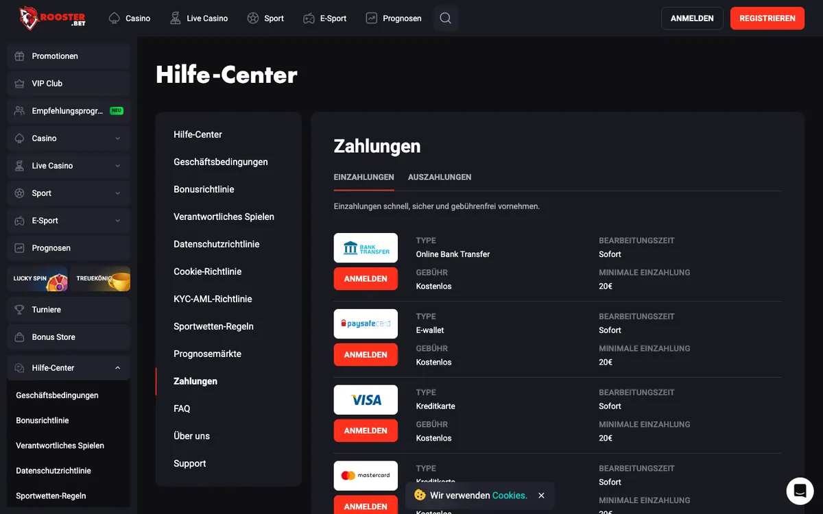 Rooster Bet Casino — Payments, captured from Austria