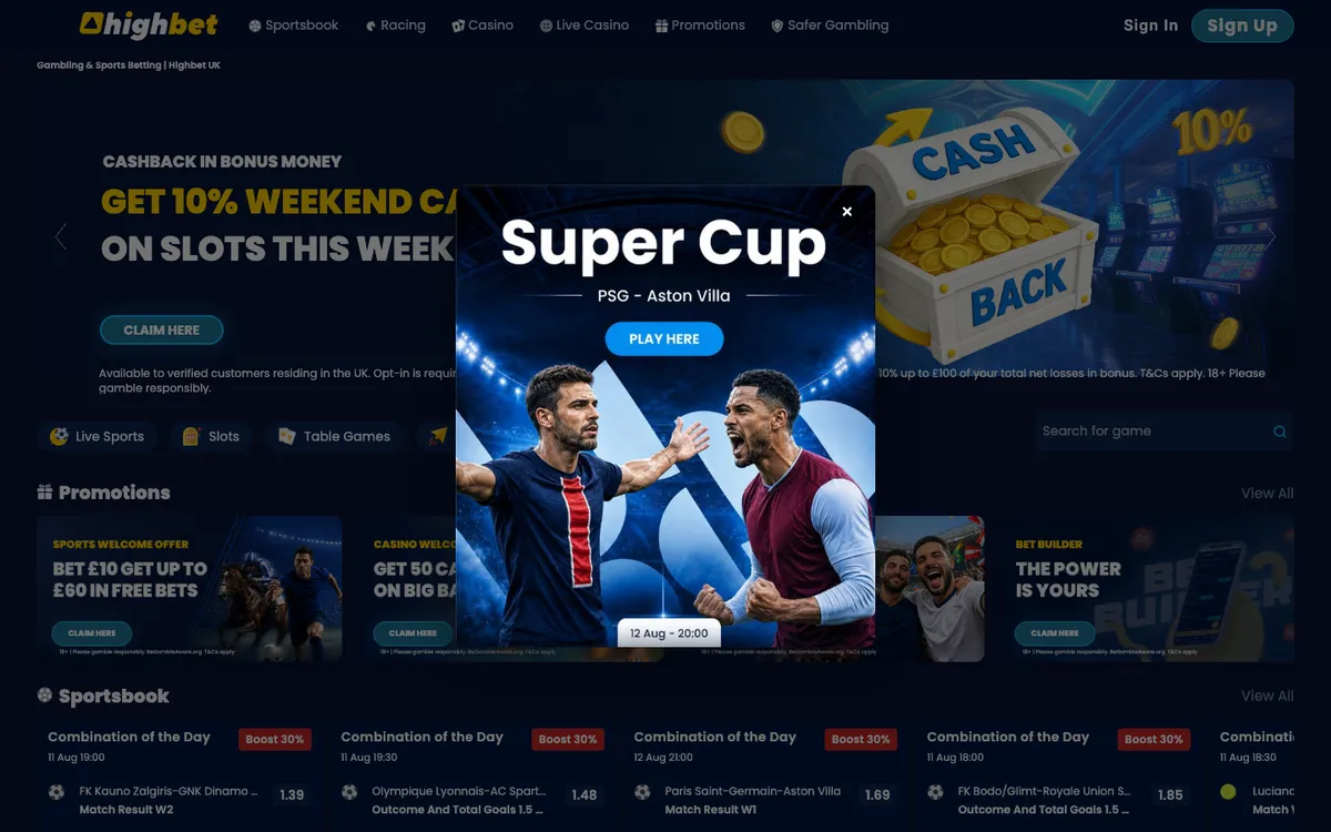 Highbet Casino — «Главная», снято из страны Великобритания