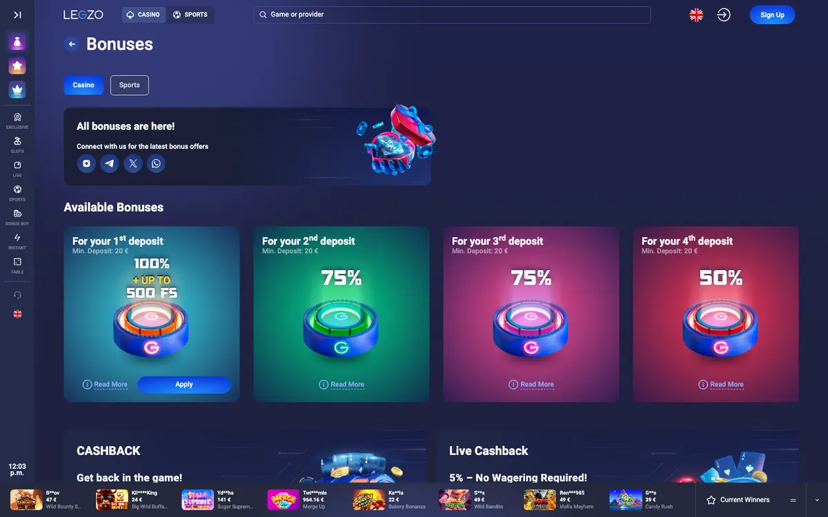 Legzo Casino — Promotions, captured from Belgium