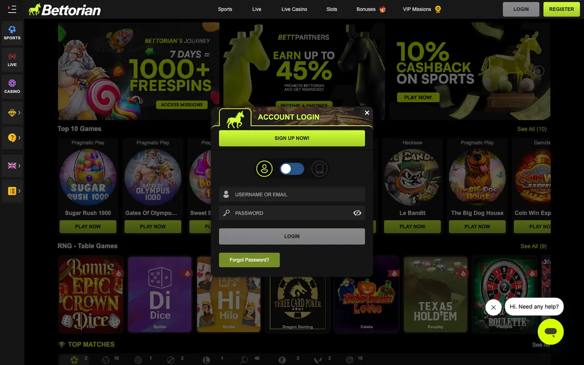 Bettorian Casino — Sign-up, captured from Austria