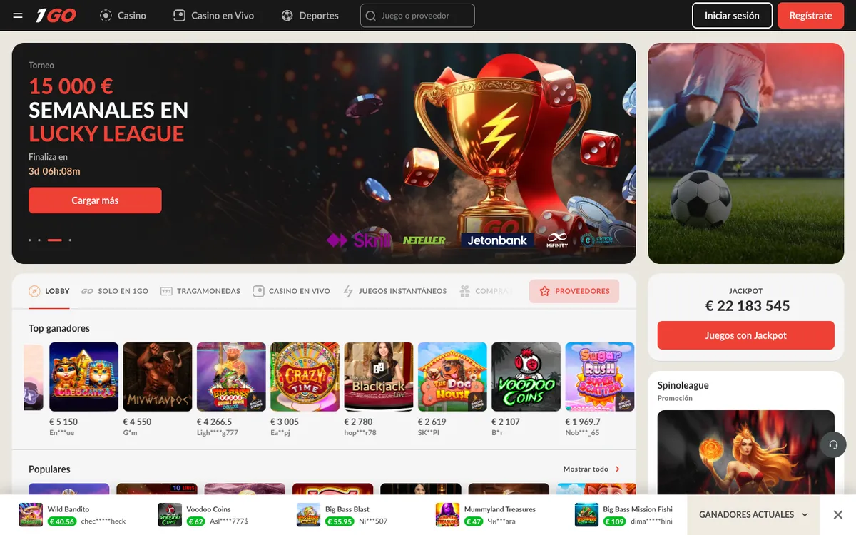1Go Casino — Home page, captured from Spain