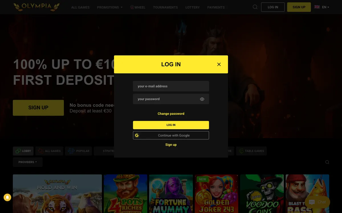 Olympia Casino — Sign-up, captured from Austria