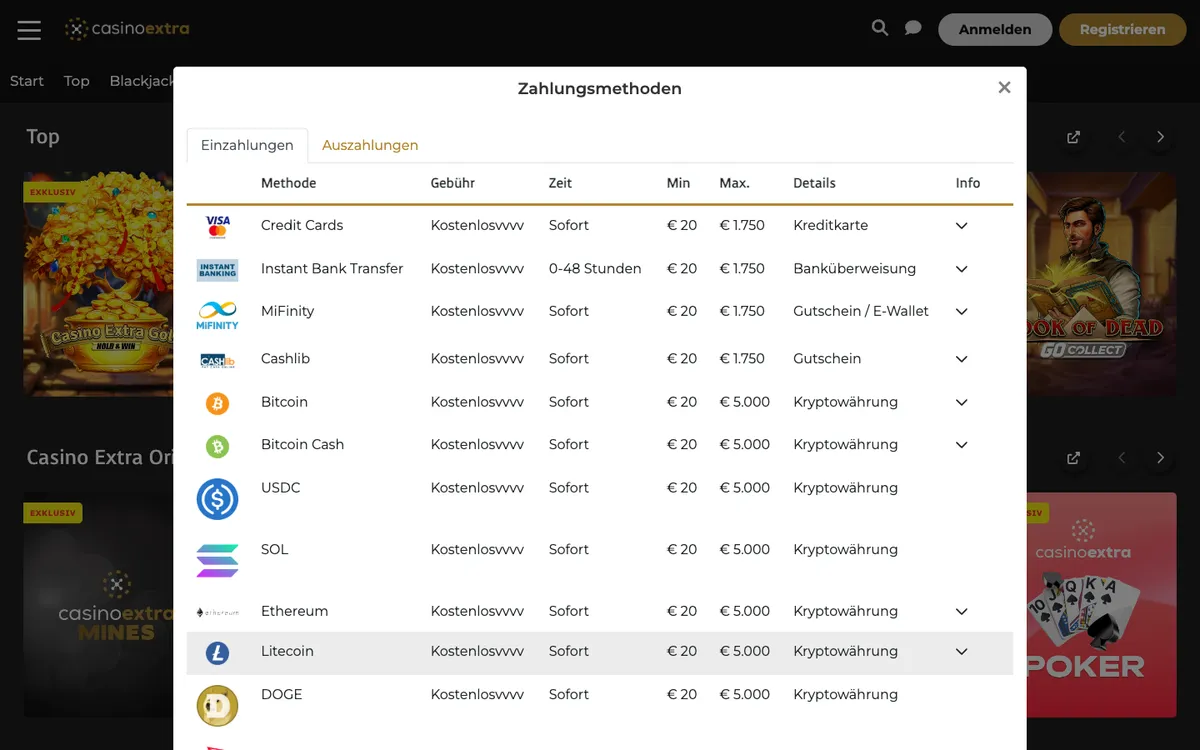 Casino Extra — Payments, captured from Austria