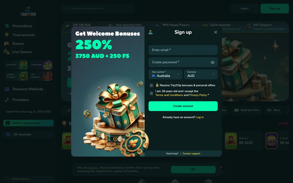 Trip2Vip Casino — «Регистрация», снято из страны Австралия