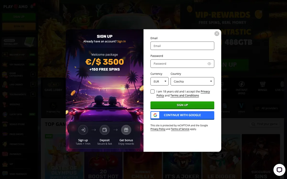 Playamo Casino — Sign-up, captured from Czechia
