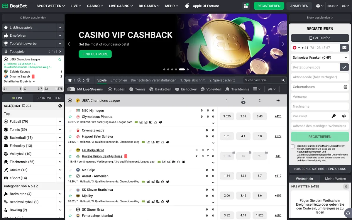 BeatBet Casino — Home page, captured from Switzerland