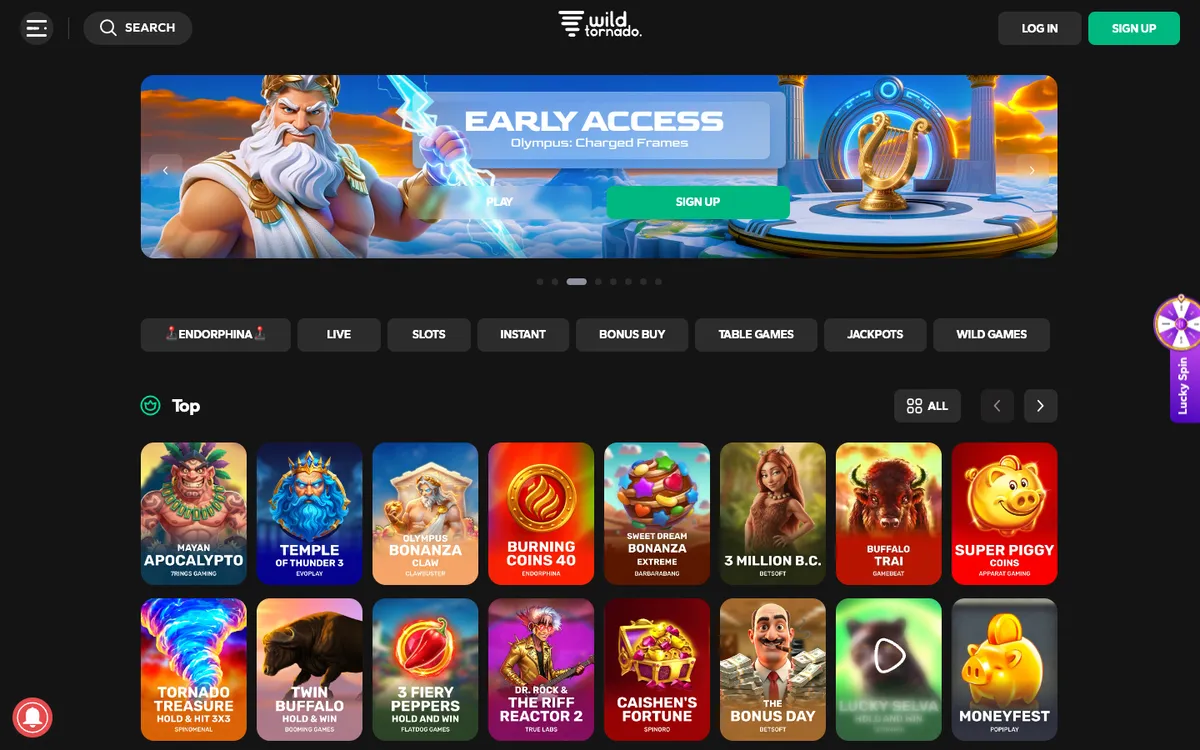 Wild Tornado Casino — Home page, captured from South Africa