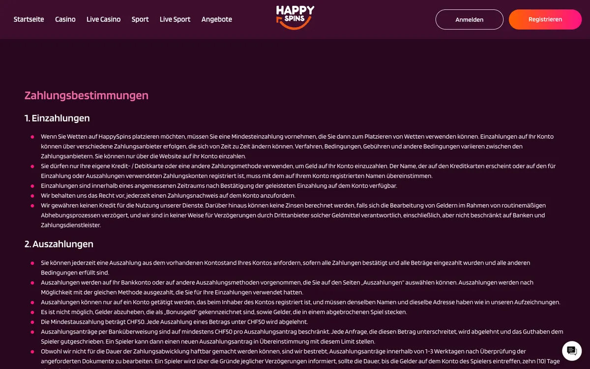 HappySpins Casino — Payments, captured from Switzerland