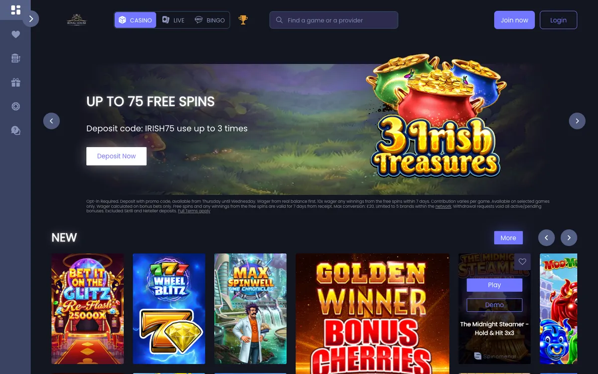 Royal House Casino — Home page, captured from United Kingdom