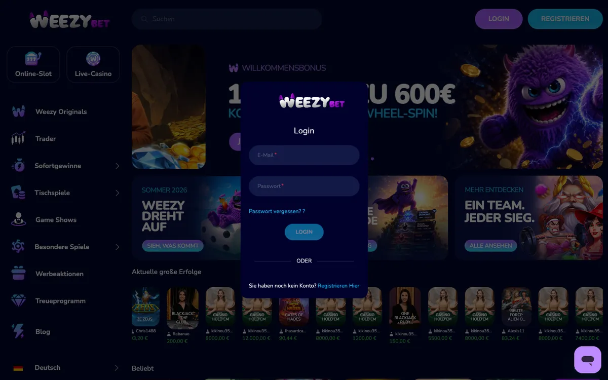 WeezyBet Casino — Sign-up, captured from Austria