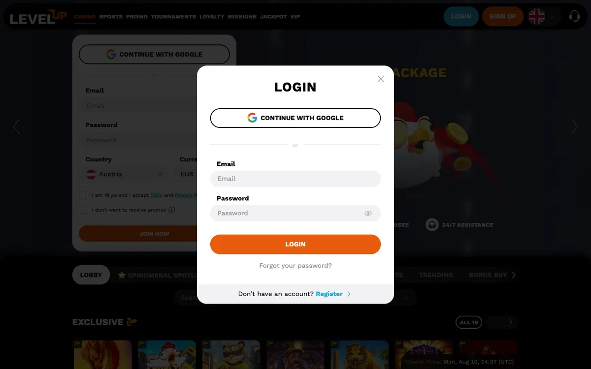 LevelUp Casino — Sign-up, captured from Austria