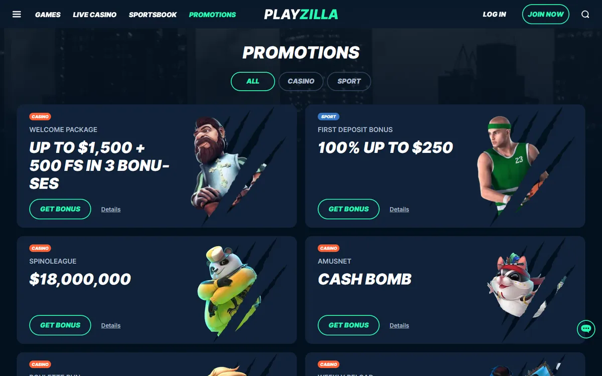 PlayZilla Casino — Promotions, captured from Canada