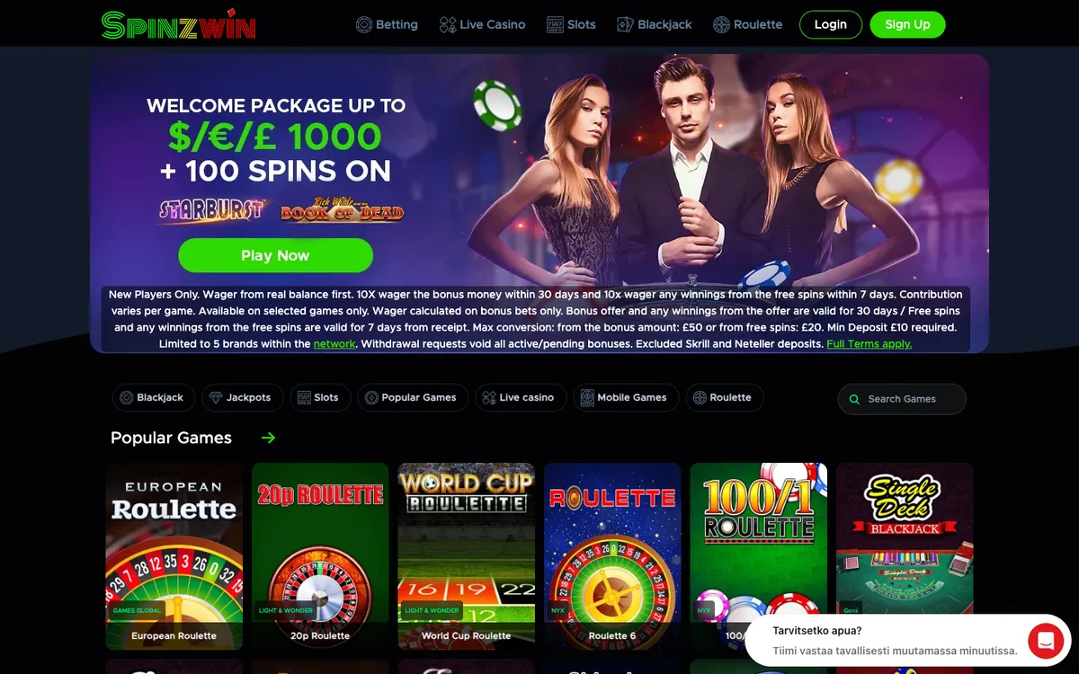 Spinzwin Casino — Home page, captured from Finland