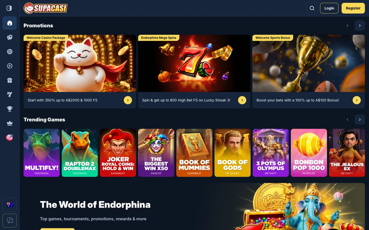SupaCasi Casino — «Главная», снято из страны Австралия