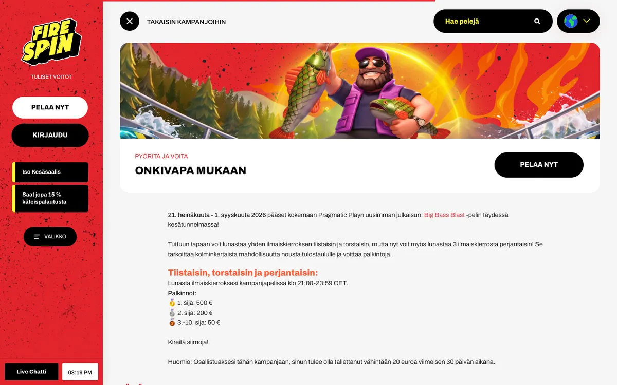Firespin Casino — «Акции», снято из страны Финляндия