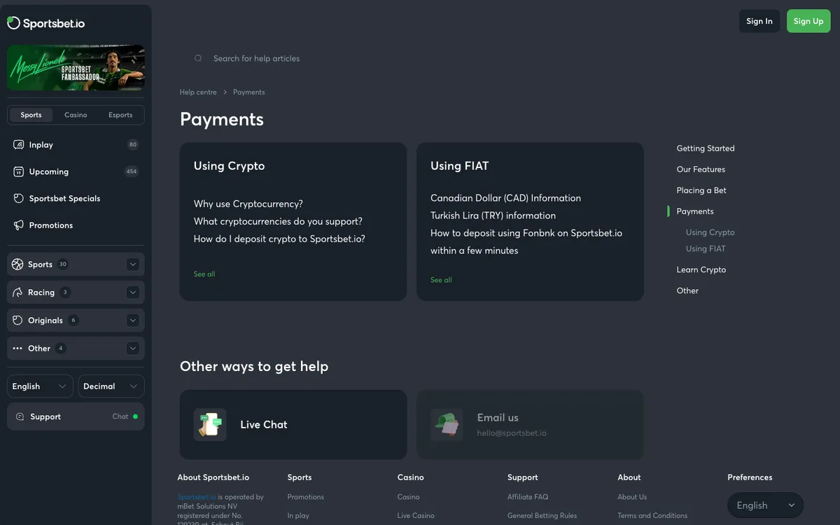 Sportsbet.io Casino — Payments, captured from Belgium