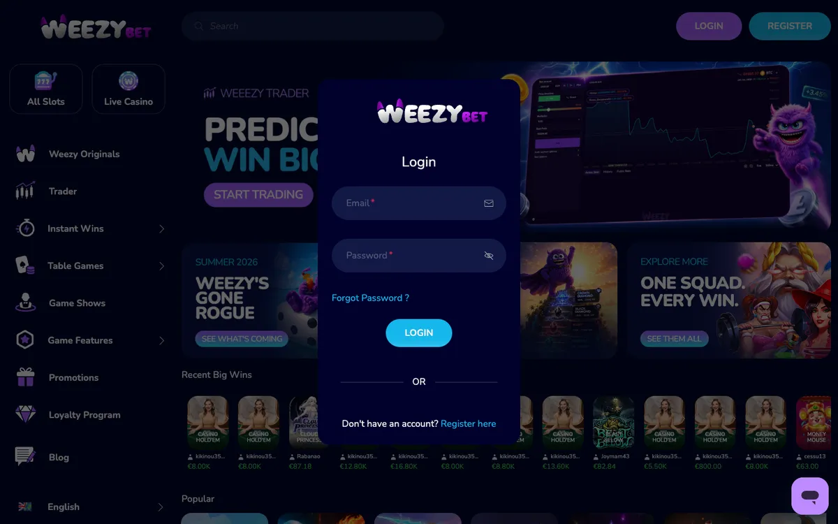 WeezyBet Casino — Sign-up, captured from Canada