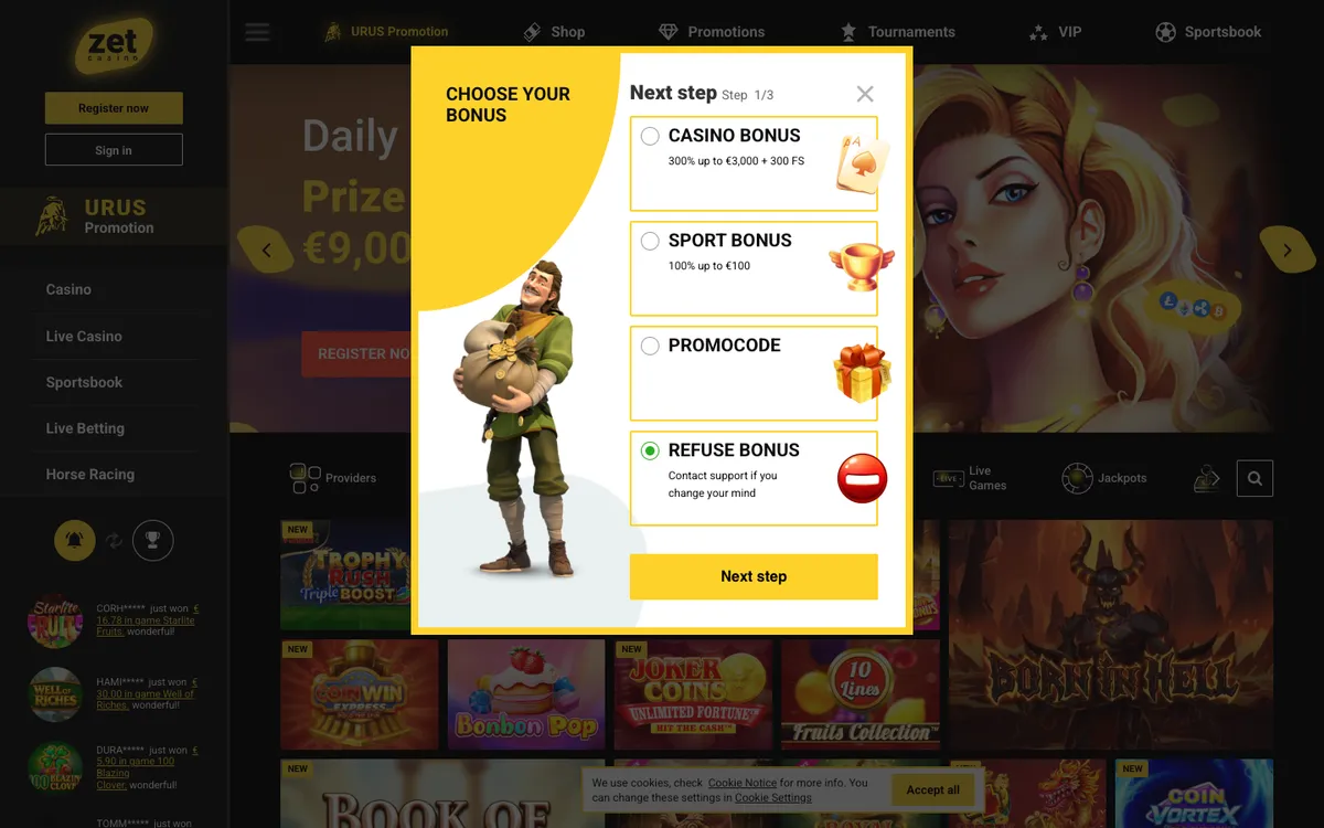 Zet Casino — Promotions, captured from Canada