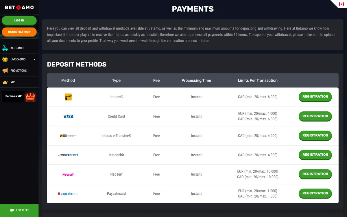 Betamo Casino — Payments, captured from Canada