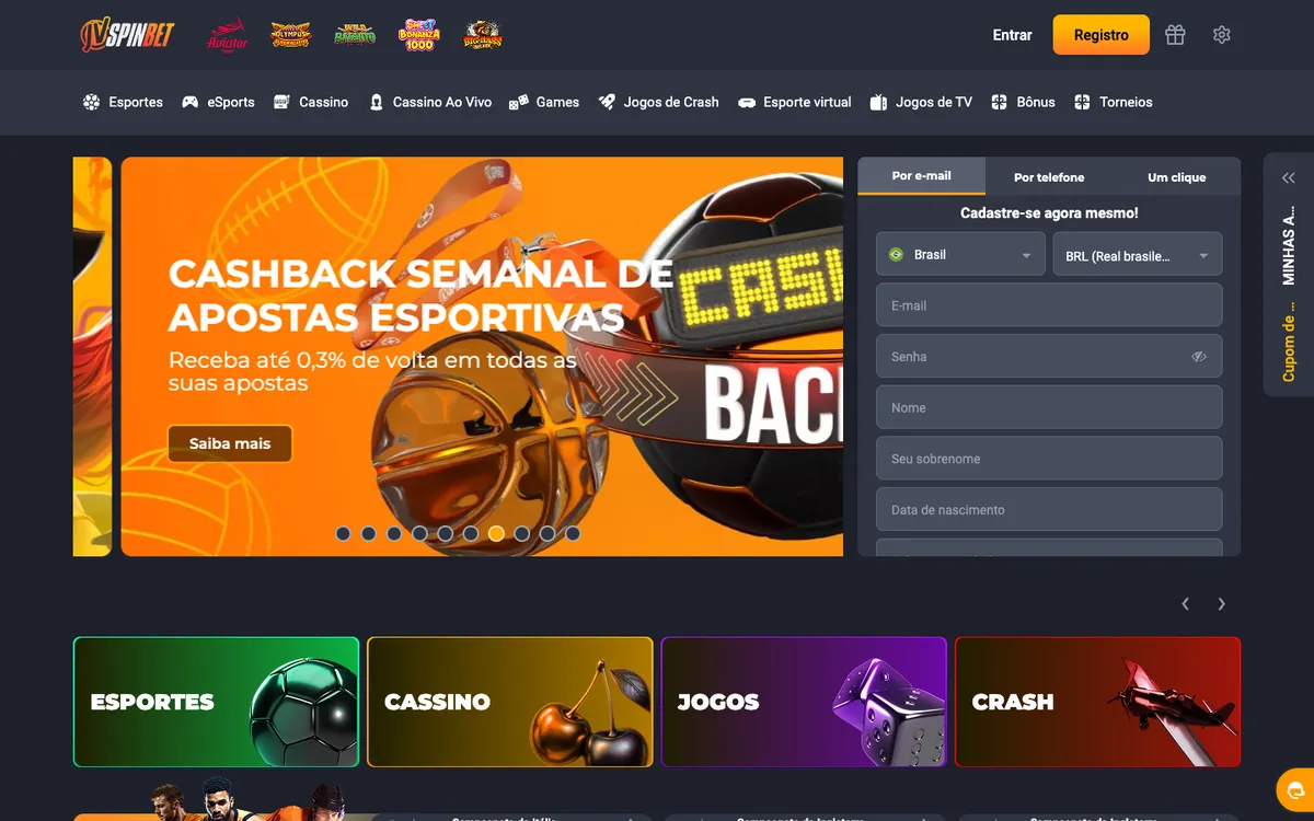 JVSPINBET Casino — «Главная», снято из страны Бразилия