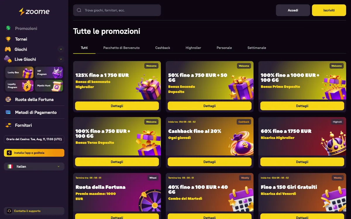 Zoome Casino — Promotions, captured from Italy