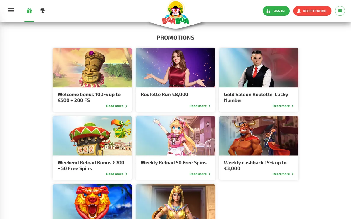 Boaboa Casino — Promotions, captured from South Africa