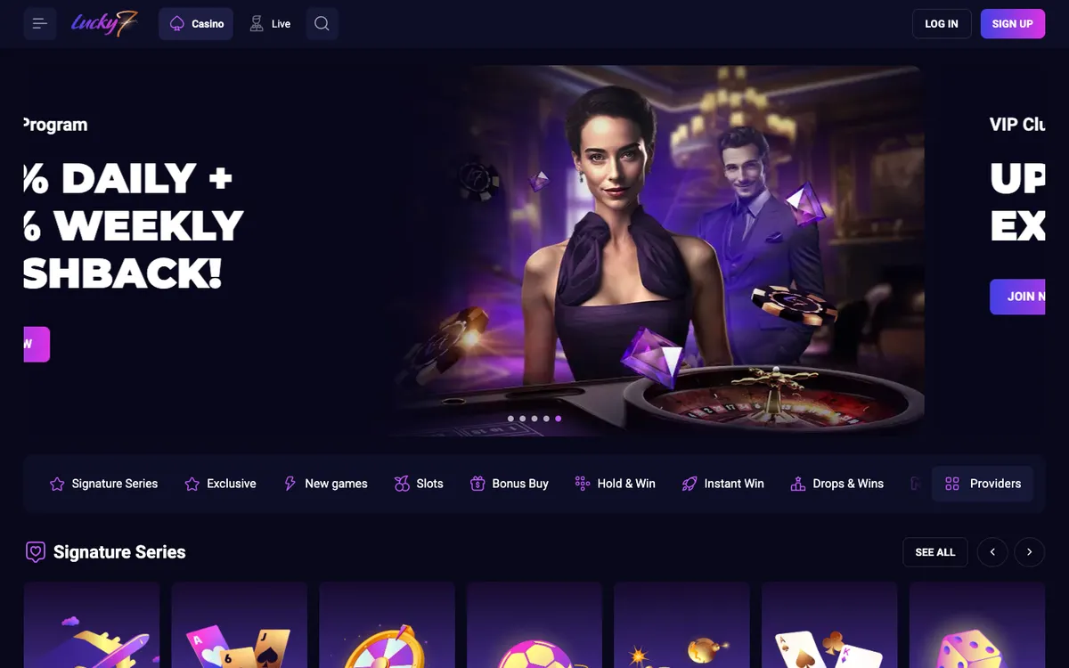 Lucky7even Casino — Home page, captured from Canada