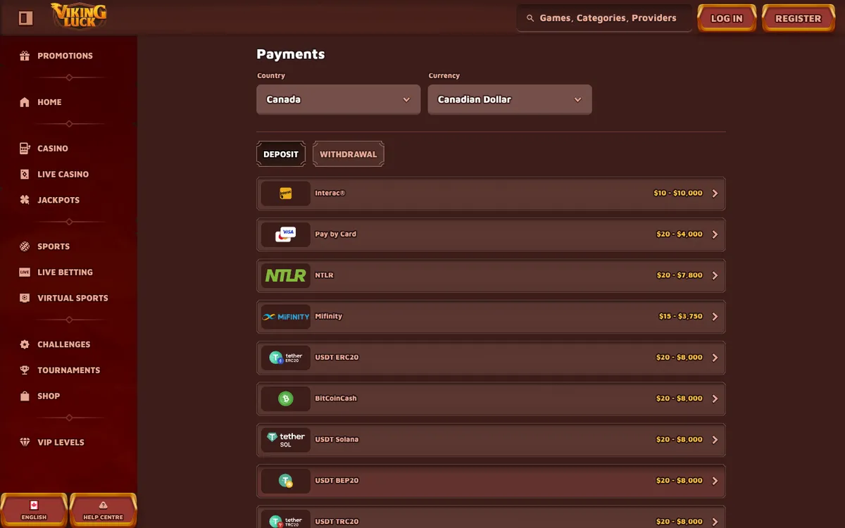 VikingLuck Casino — «Платежи», снято из страны Канада