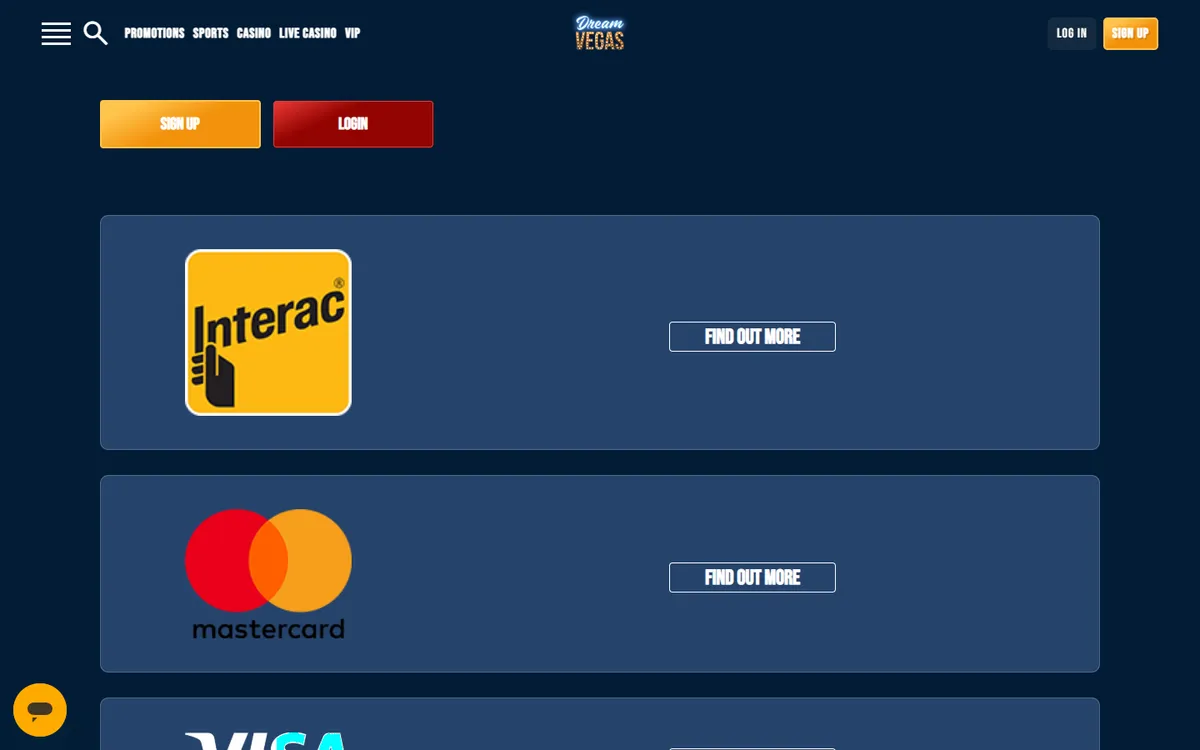 Dream Vegas Casino — Payments, captured from Canada
