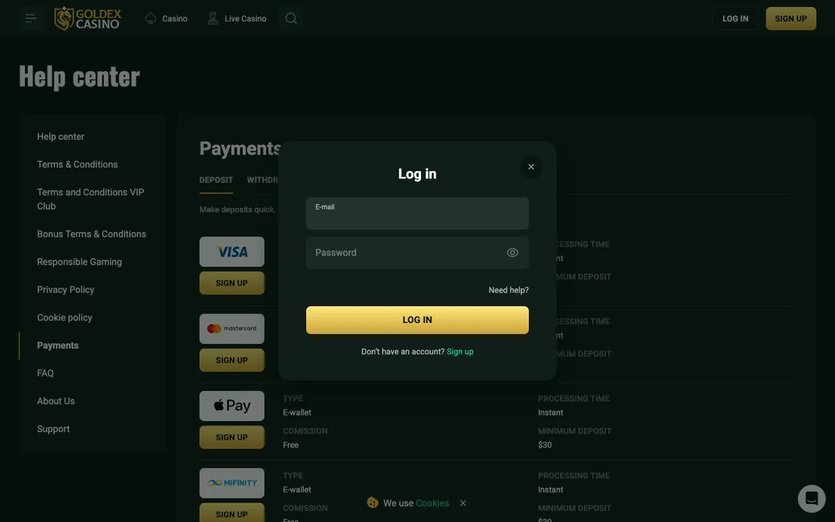 Goldex Casino — Sign-up, captured from Australia
