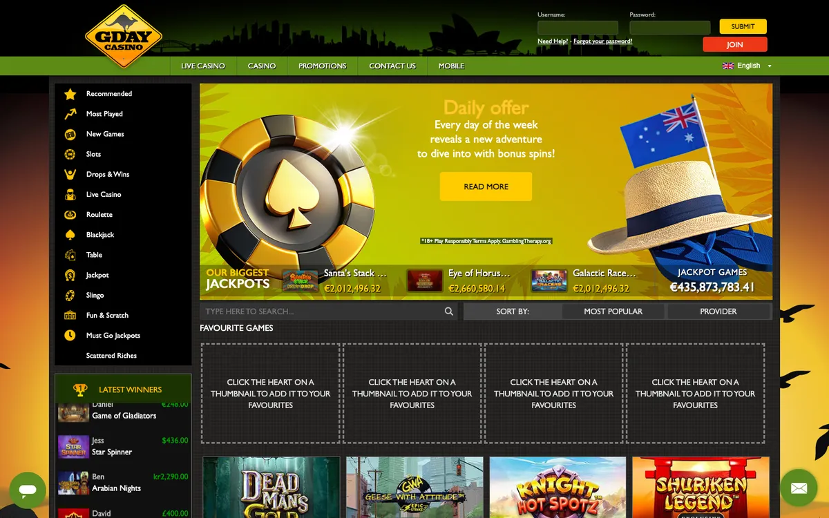 GDay Casino — Home page, captured from Norway