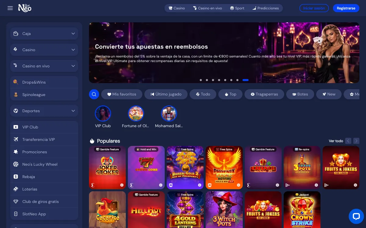 SlotNEO Casino — Home page, captured from Spain